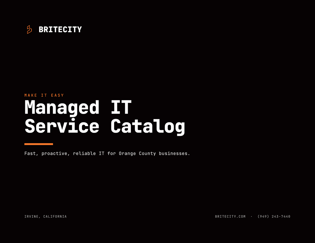 Cover of the BRITECITY Managed IT Service Catalog showing the title and Make IT Easy tagline