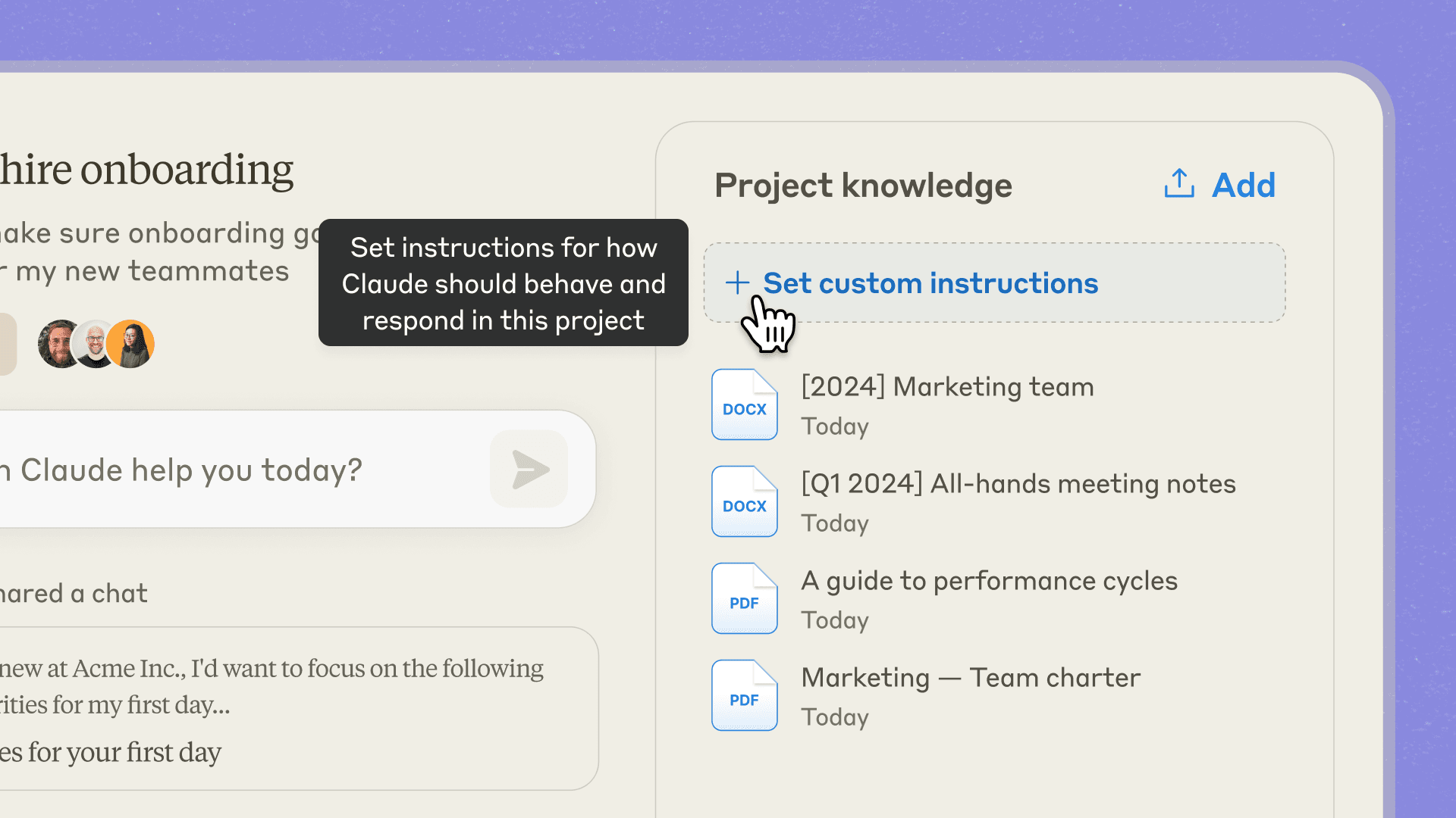 Claude Projects: custom instructions and project knowledge documents for a shared team project
