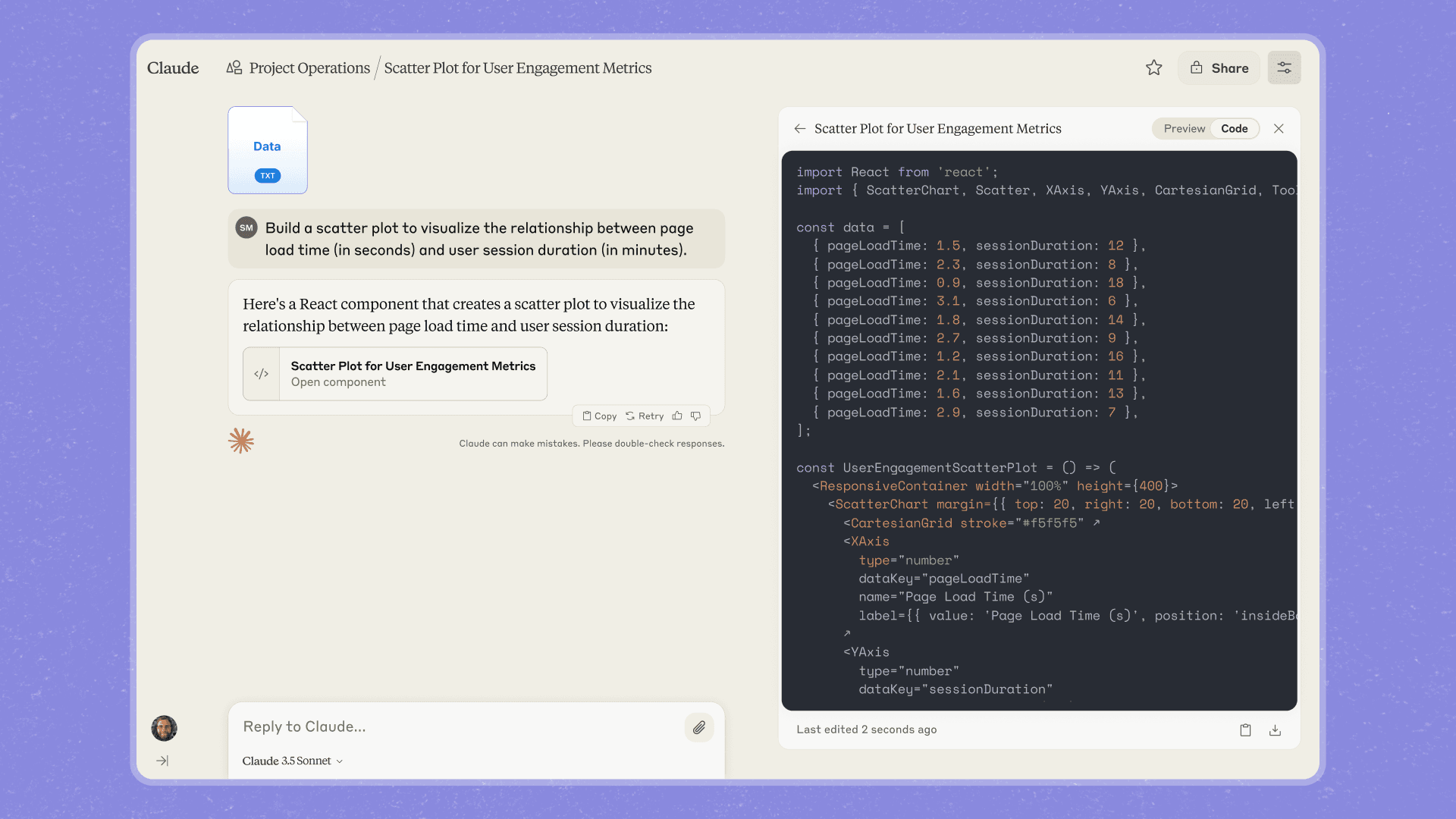 Claude chat in a Project with an artifact code preview for a scatter plot component