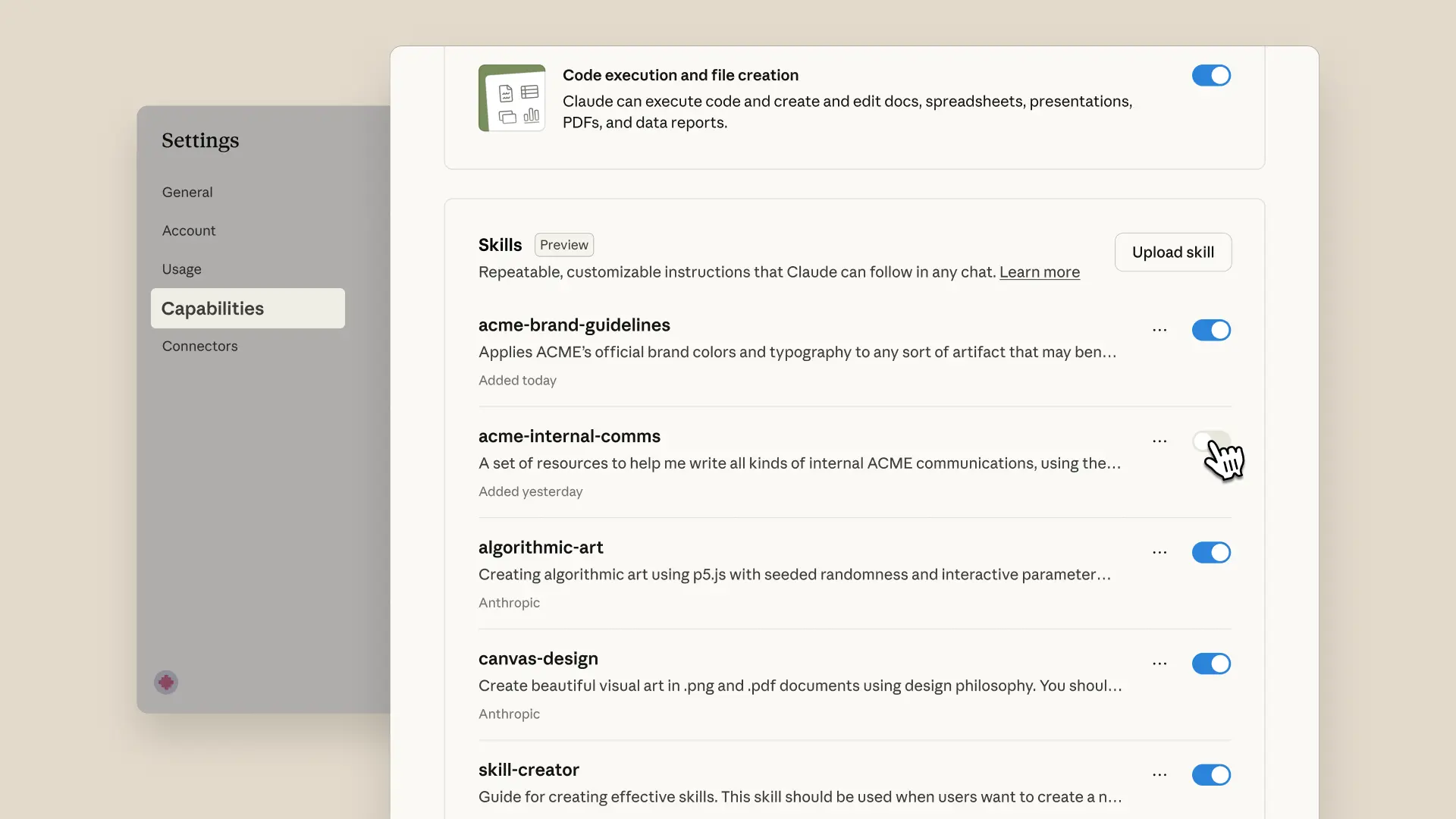 Claude Settings Capabilities: Skills list with enable and disable toggles