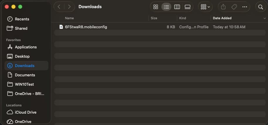 The .mobileconfig profile file shown in the macOS Downloads folder