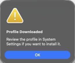 macOS notification confirming the profile has been downloaded and is ready to review in System Settings