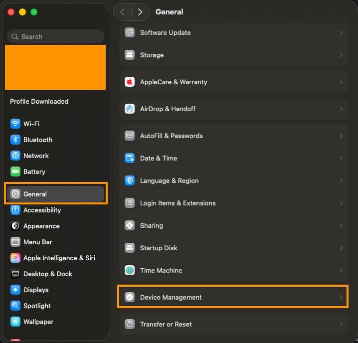 macOS System Settings showing the General sidebar entry with Device Management visible on the right pane