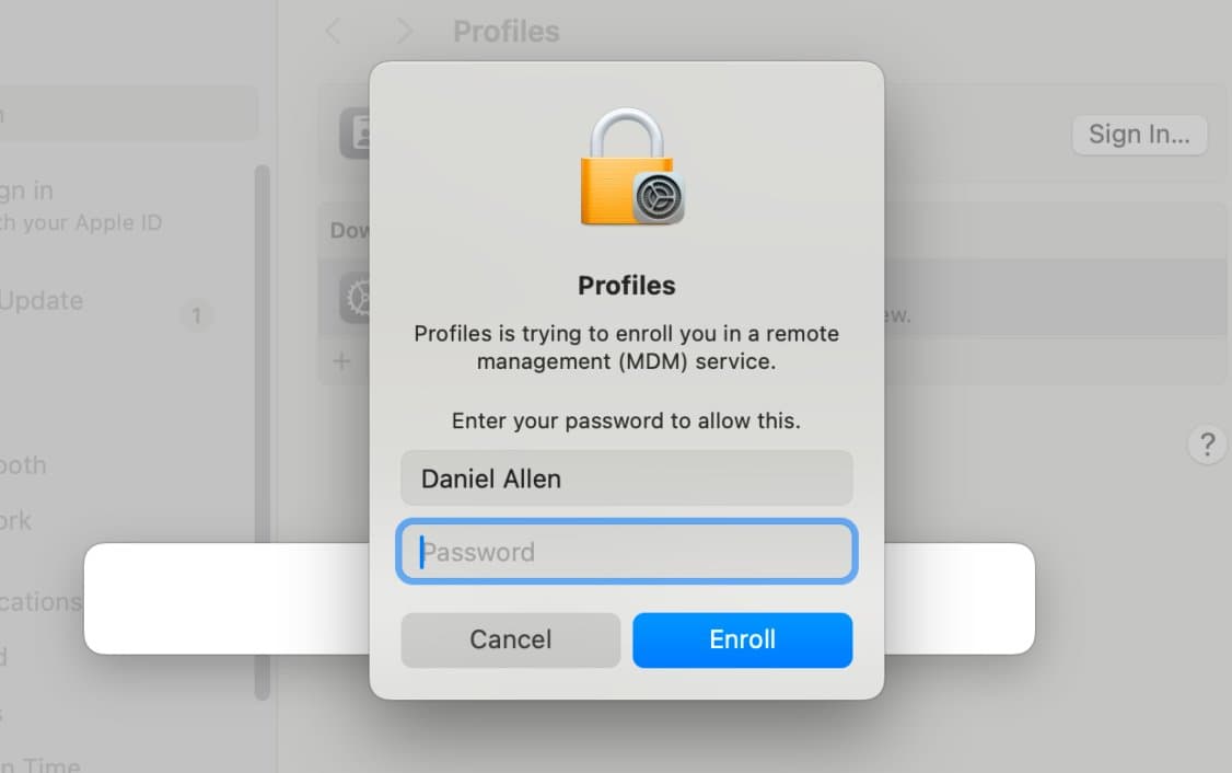 macOS password prompt requesting the Mac login password to complete profile enrollment