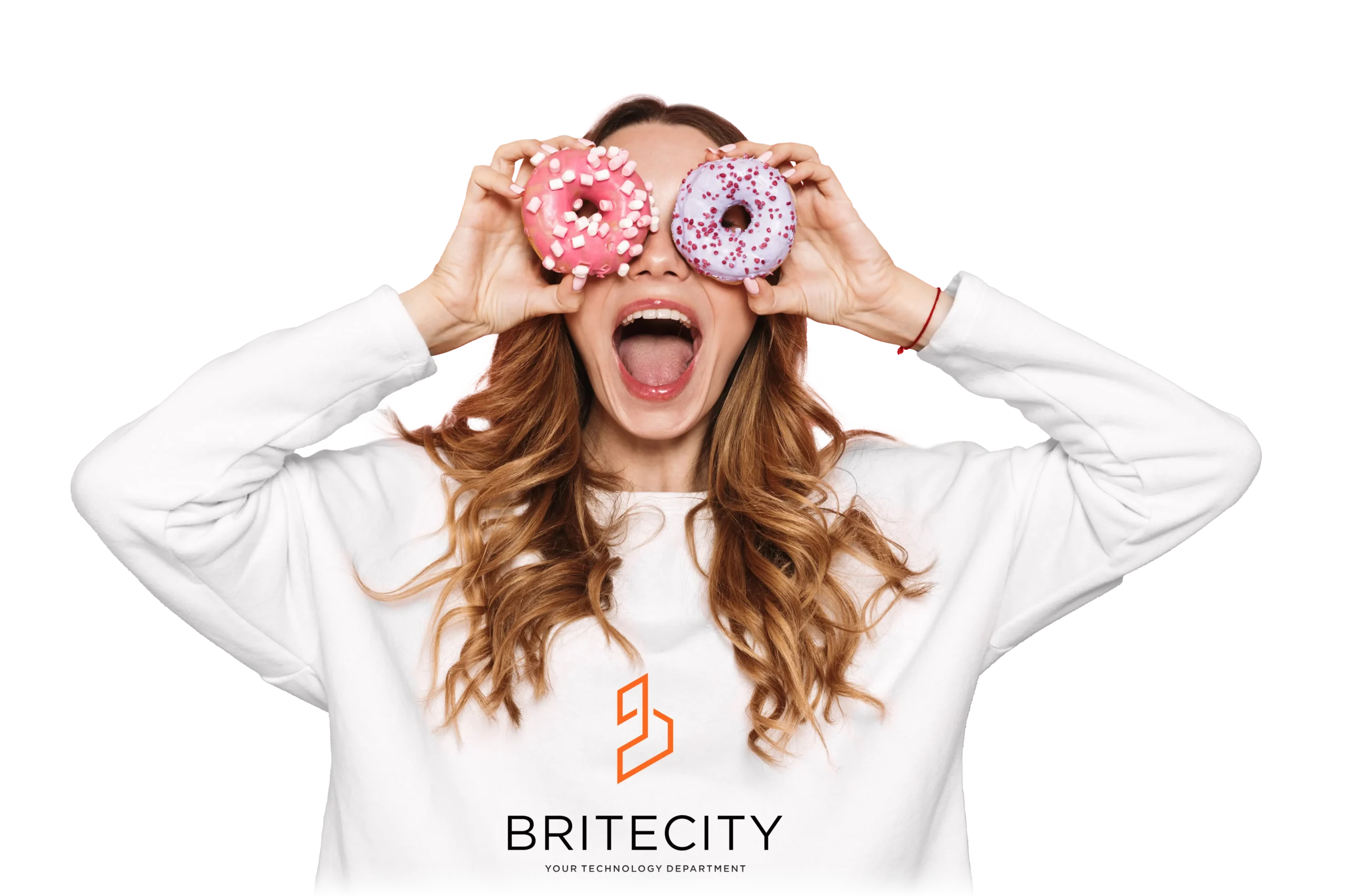 Smiling woman holding two donuts with BriteCity logo on her shirt