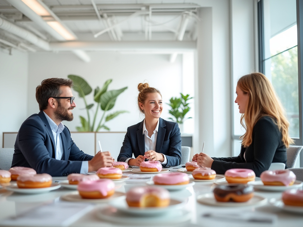 3 people in a conference room with donuts everywhere